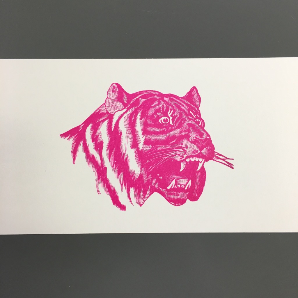 Postcard made using antique tiger cut at Bookworks - Asheville, NC