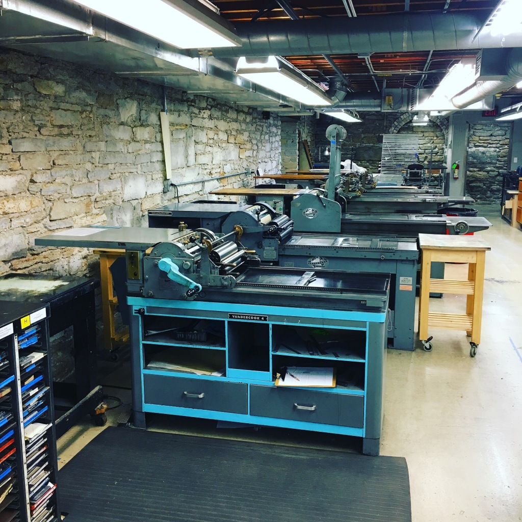Row of Vandercook proofing presses in the print shop at the Minnesota Center for Book Arts - Minneapolis, MN